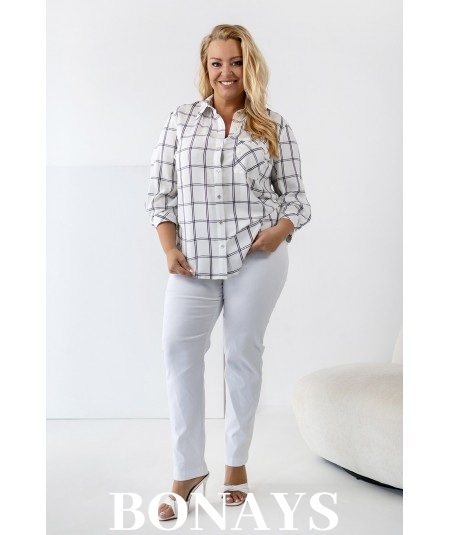 Biała koszula w szeroką kratę rękaw 3/4 i zapinanie na guziki Plus Size