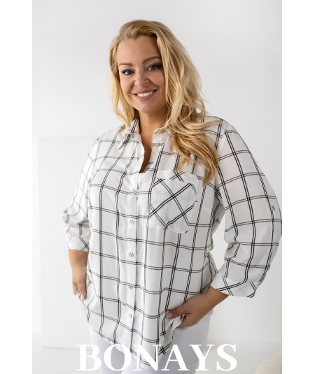 Biała koszula w szeroką kratę rękaw 3/4 i zapinanie na guziki Plus Size