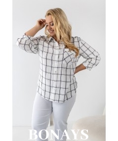 Biała koszula w szeroką kratę rękaw 3/4 i zapinanie na guziki Plus Size