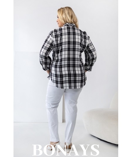 Koszula w biało-czarną kratę rękaw 3/4 i zapinanie na guziki Plus Size