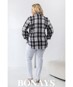 Koszula w biało-czarną kratę rękaw 3/4 i zapinanie na guziki Plus Size