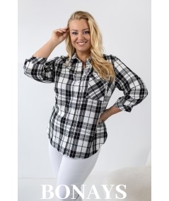 Koszula w biało-czarną kratę rękaw 3/4 i zapinanie na guziki Plus Size