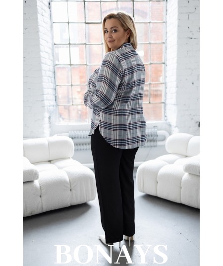 Koszula w niebiesko-szarą rękaw 3/4 i zapinanie na guziki Plus Size