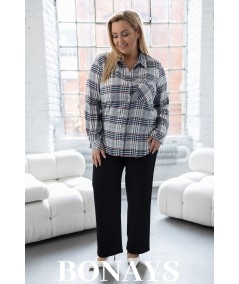 Koszula w niebiesko-szarą rękaw 3/4 i zapinanie na guziki Plus Size