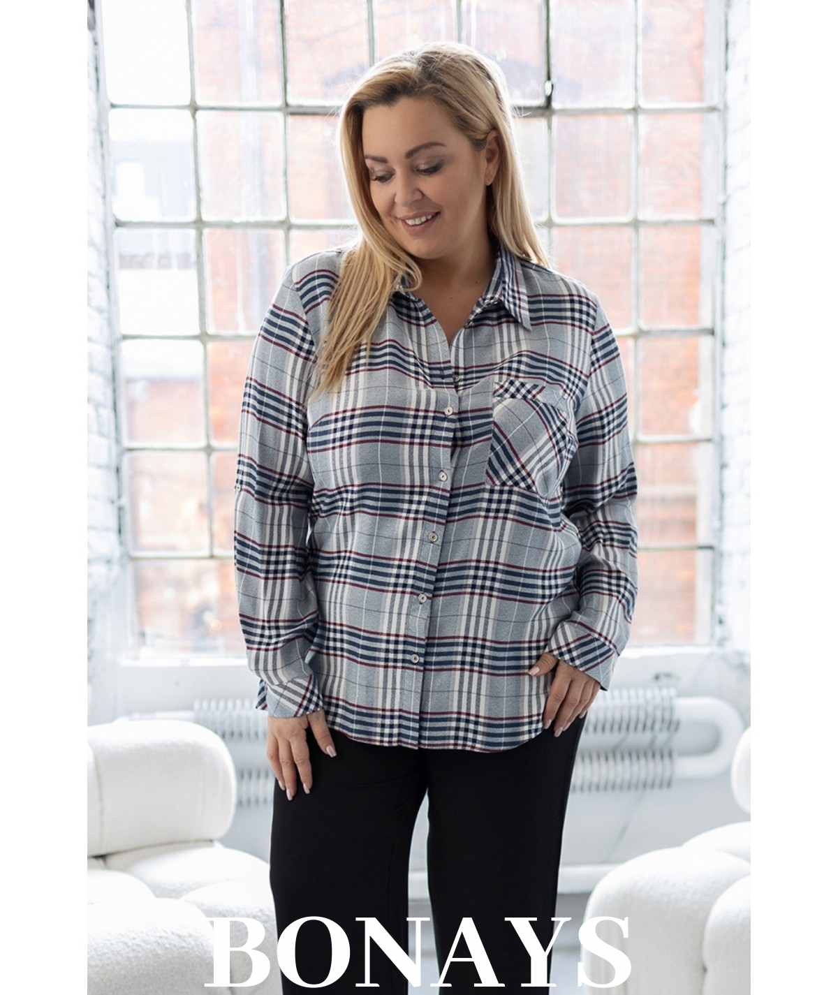 Koszula w niebiesko-szarą rękaw 3/4 i zapinanie na guziki Plus Size