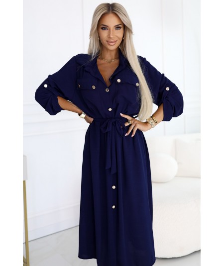 Sukienka typu Szmizjerka midi ze złotymi guzikami i wiązaniem granatowa