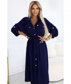 Sukienka typu Szmizjerka midi ze złotymi guzikami i wiązaniem granatowa
