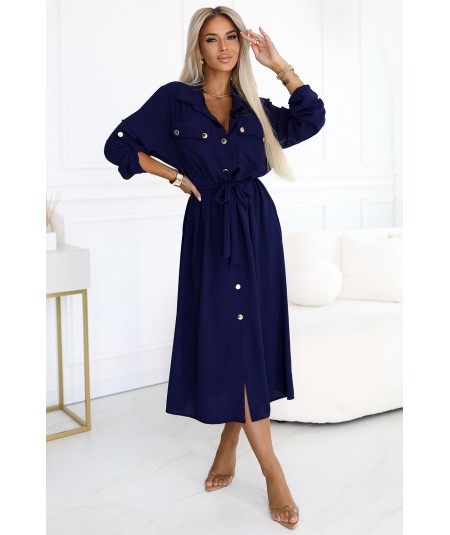 Sukienka typu Szmizjerka midi ze złotymi guzikami i wiązaniem granatowa