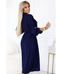 Sukienka typu Szmizjerka midi ze złotymi guzikami i wiązaniem granatowa