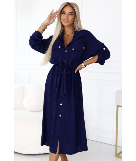 Sukienka typu Szmizjerka midi ze złotymi guzikami i wiązaniem granatowa