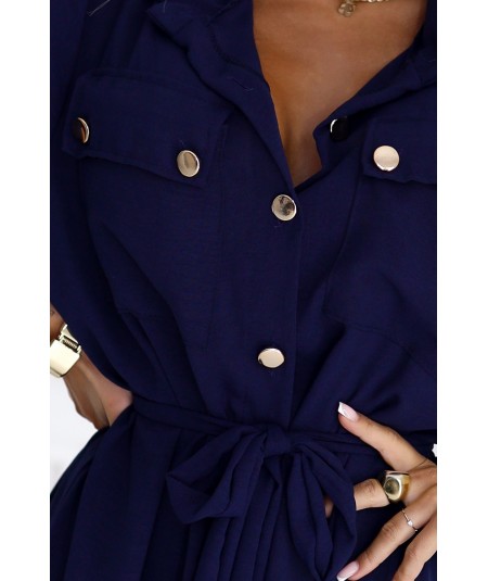 Sukienka typu Szmizjerka midi ze złotymi guzikami i wiązaniem granatowa