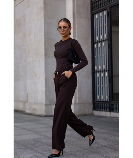 Czekoladowe szerokie spodnie typu Kuloty z kieszeniami FINE