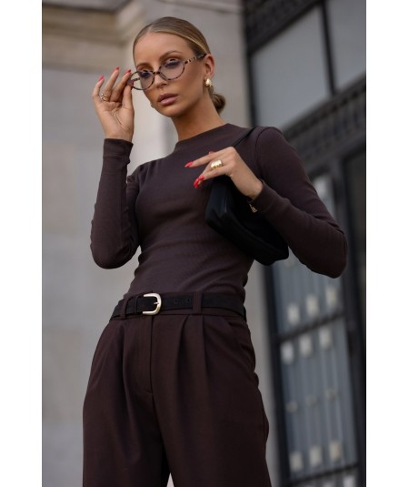 Czekoladowe szerokie spodnie typu Kuloty z kieszeniami FINE