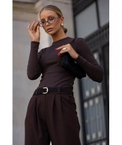 Czekoladowe szerokie spodnie typu Kuloty z kieszeniami FINE