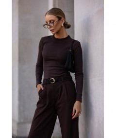 Czekoladowe szerokie spodnie typu Kuloty z kieszeniami FINE