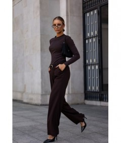 Czekoladowe szerokie spodnie typu Kuloty z kieszeniami FINE