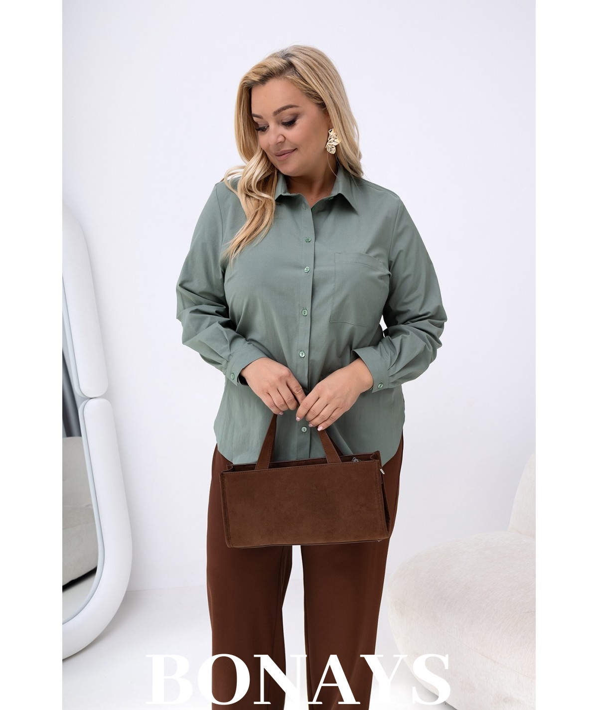 Gładka elegancka koszula damska z kołnierzykiem miętowa Plus Size