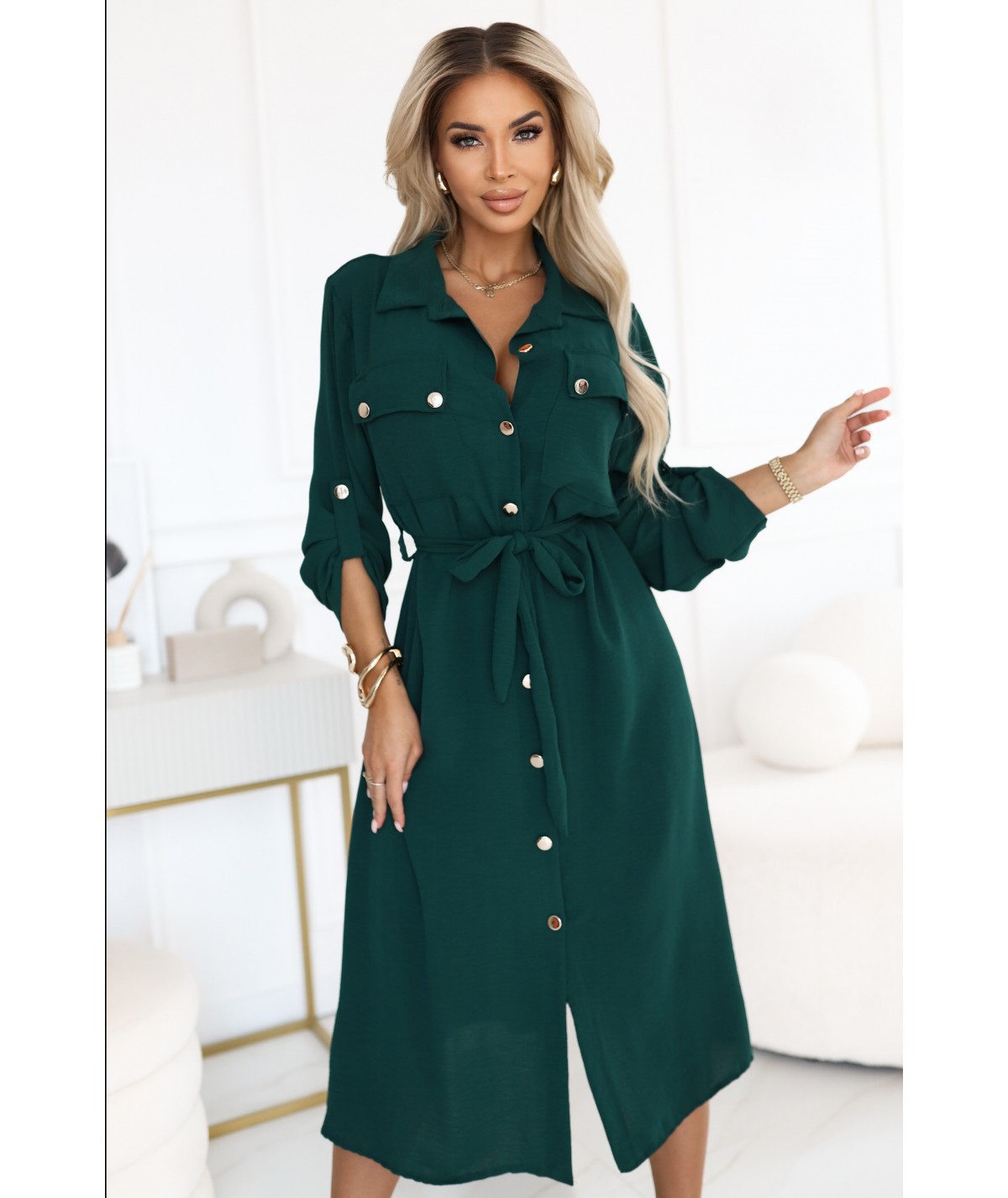 Sukienka typu Szmizjerka midi ze złotymi guzikami i wiązaniem ciemna zieleń