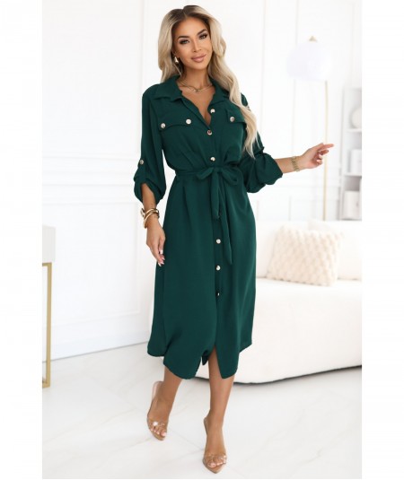 Sukienka typu Szmizjerka midi ze złotymi guzikami i wiązaniem ciemna zieleń