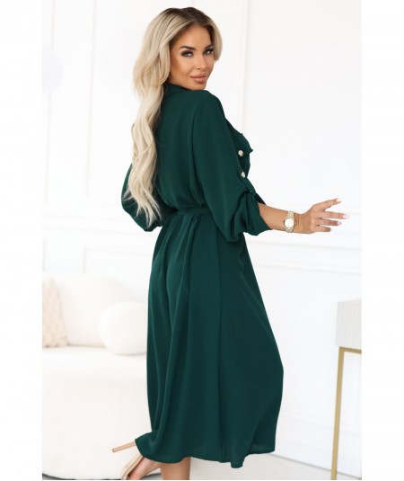 Sukienka typu Szmizjerka midi ze złotymi guzikami i wiązaniem ciemna zieleń