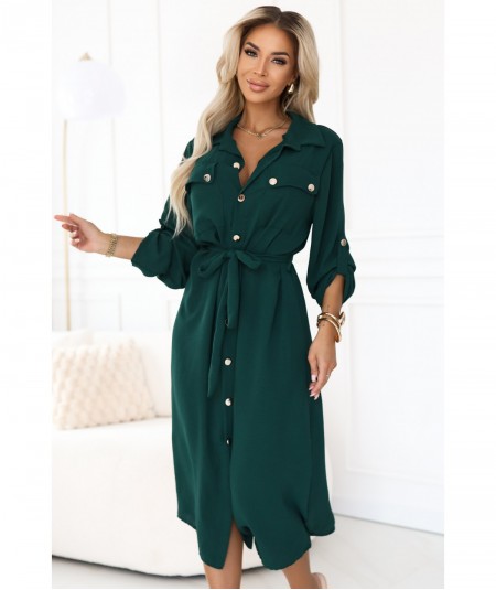 Sukienka typu Szmizjerka midi ze złotymi guzikami i wiązaniem ciemna zieleń