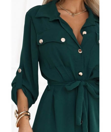 Sukienka typu Szmizjerka midi ze złotymi guzikami i wiązaniem ciemna zieleń