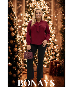 Bordowa koszula damska z krawatką wiązaną w kokardę