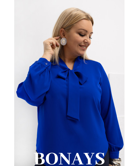 Chabrowa koszula damska z krawatką wiązaną w kokardę - duże rozmiary