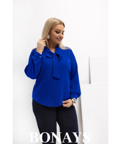 Chabrowa koszula damska z krawatką wiązaną w kokardę - duże rozmiary