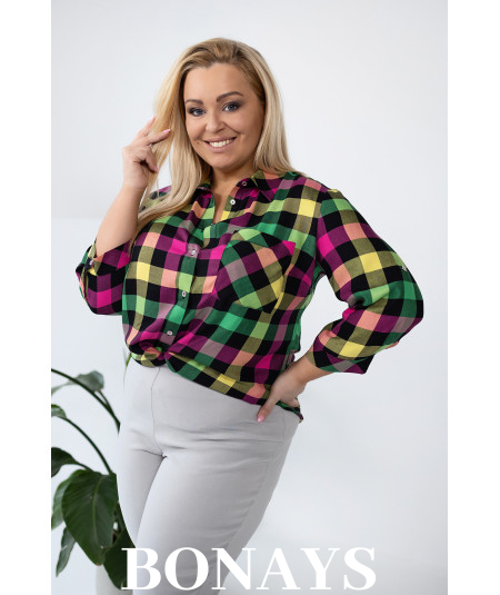 Koszula w kolorową kratę rękaw 3/4 i zapinanie na guziki Plus Size