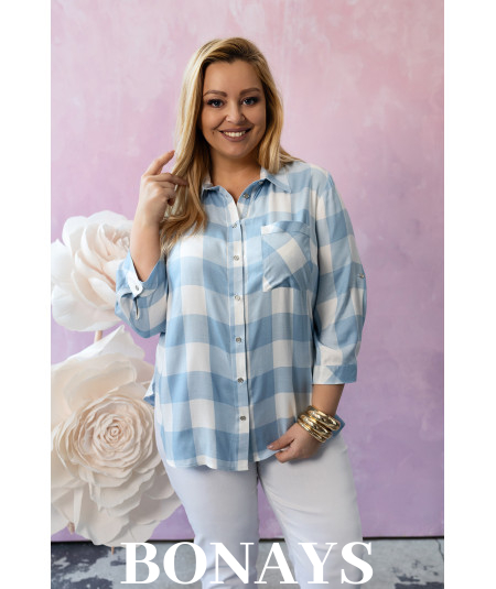 Koszula w niebieską krate, rękaw 3/4 i zapinanie na guziki Plus Size