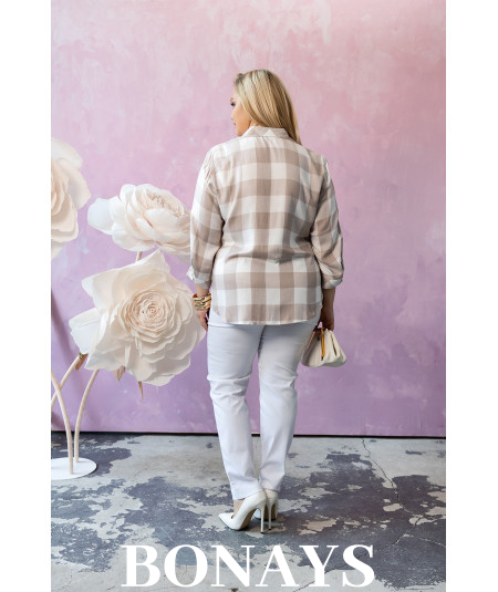 Koszula w beżową kratę, rękaw 3/4 i zapinanie na guziki Plus Size