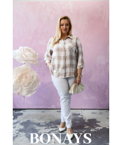 Koszula w beżową kratę, rękaw 3/4 i zapinanie na guziki Plus Size