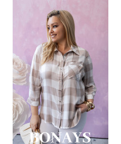 Koszula w beżową kratę, rękaw 3/4 i zapinanie na guziki Plus Size