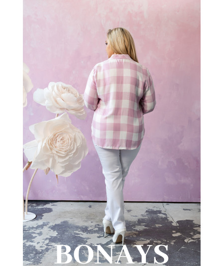Koszula w różową kratę, rękaw 3/4 i zapinanie na guziki Plus Size