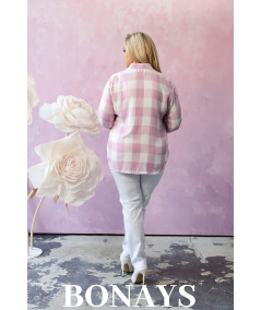 Koszula w różową kratę, rękaw 3/4 i zapinanie na guziki Plus Size