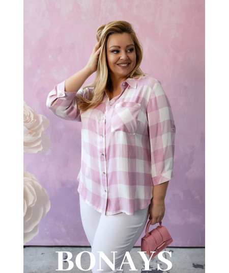 Koszula w różową kratę, rękaw 3/4 i zapinanie na guziki Plus Size