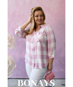 Koszula w różową kratę, rękaw 3/4 i zapinanie na guziki Plus Size
